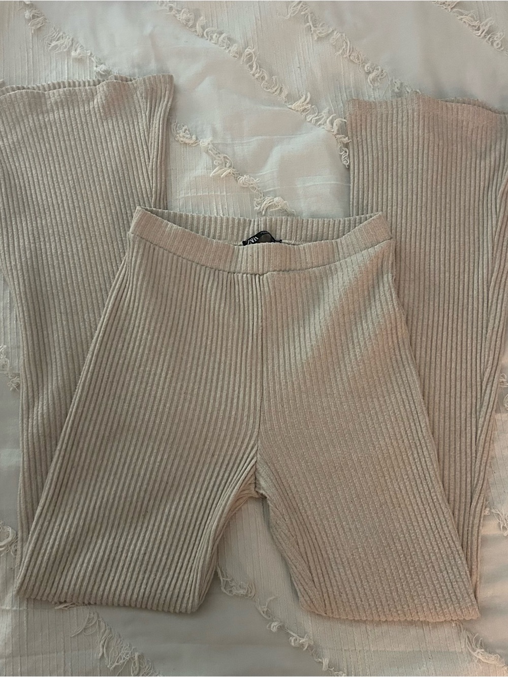 ZARA Ribbed Knit Flare Pants — Cream